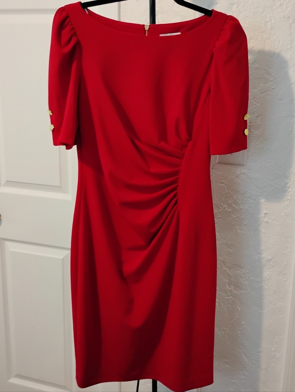 DKNY Puff Sleeves Ruched Dress SCARLET Size 8 MSRP $129 NWT